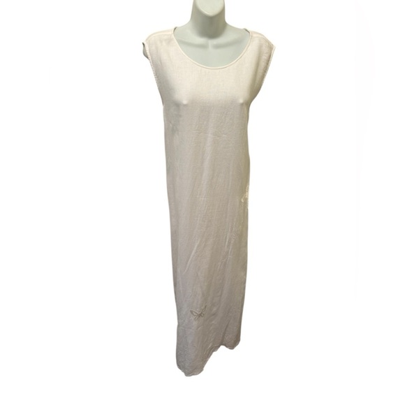 VTG David Dart 100% Linen Lagenlook Maxi Dress XL White Embroidered Butterflies - Picture 1 of 6